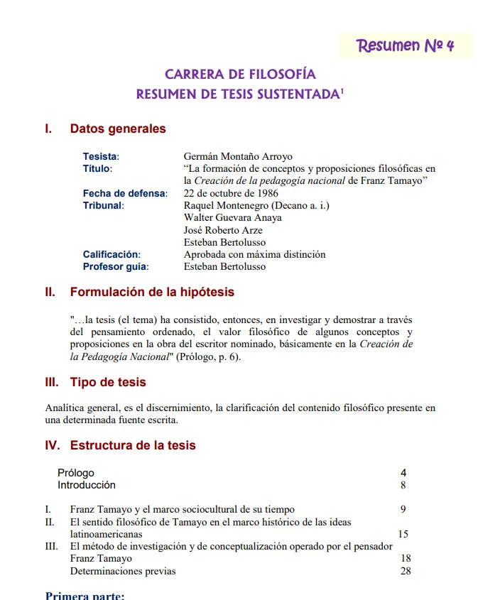 <p>Resumen de la tesis de licenciatura en filosofía de Germán Montaño Arroyo titulada:&nbsp;“La formación de conceptos y proposiciones filosóficas en la&nbsp;<i>Creación de la pedagogía nacional&nbsp;</i>de Franz Tamayo”.</p>
