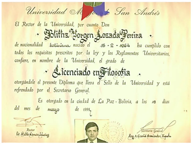 <p>Obtención de Diploma con el Grado de Licenciado en Filosofía, expedido por la Universidad Mayor de San Andrés con fecha 19 de marzo.</p>