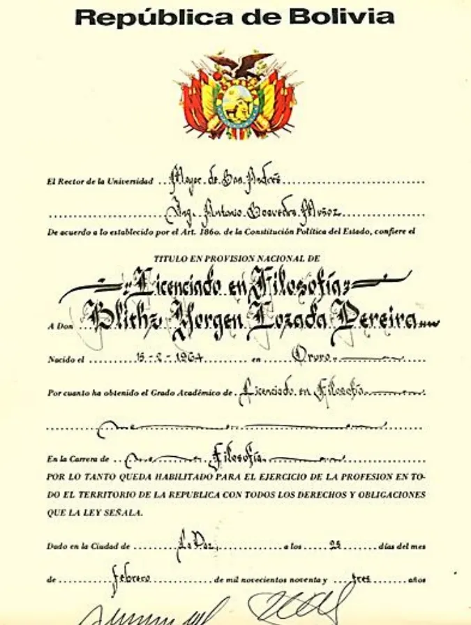 <p>Obtención del Título en Provisión Nacional de Licenciado en Filosofía, expedido por la Universidad Mayor de San Andrés con fecha 23 de febrero.</p>