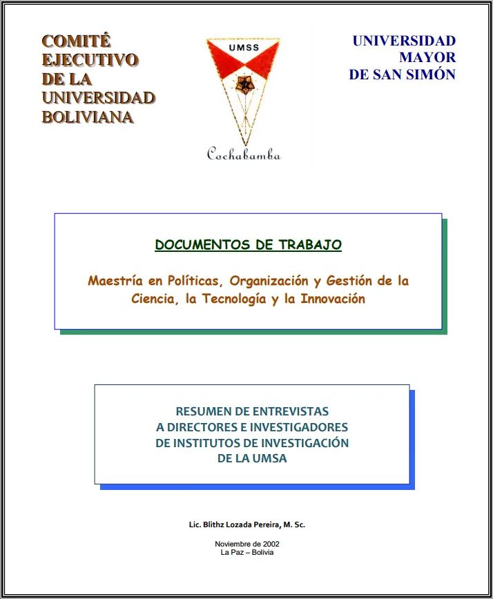 <p>Anexo B de 87 páginas que acompaña a la tesis de maestría&nbsp; titulado: «Resumen de entrevistas a directores e investigadores de institutos de investigación de la Universidad Mayor de San Andrés». El texto sistematiza parte de la gestión de Blithz Lozada en el Departamento de Investigación, Postgrado e Interacción Social durante 2001.</p>