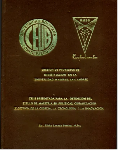 <p>Presentación de tesis de maestría de 198 páginas titulada <i>Gestión de proyectos de investigación en la Universidad Mayor de San Andrés.</i> Cumplieron funciones de asesoramiento los doctores Jesús Sebastián de España, Nidia Sánchez Puigbert de Cuba y José Luis Tellería Geiger como Coordinador del programa. Octubre.</p>