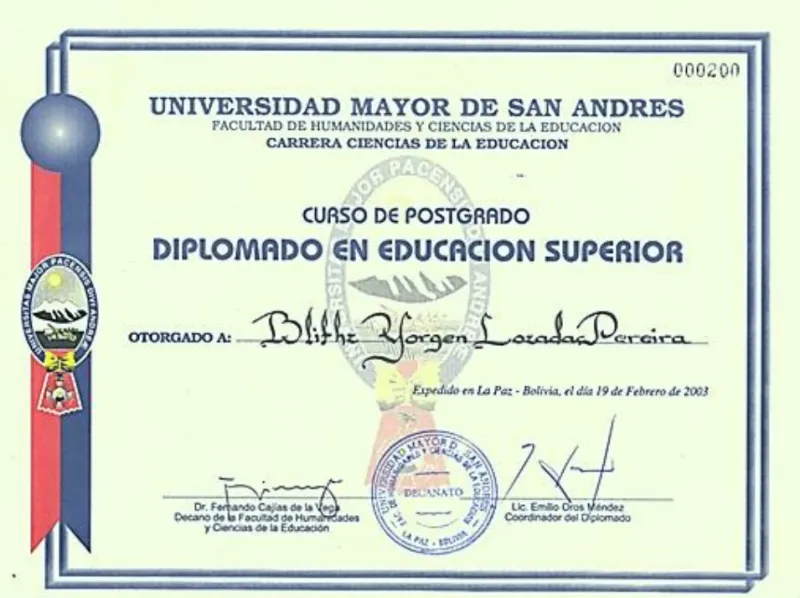 <p>Curso realizado en la gestión 2002. Obtención del Diploma de postgrado expedido en febrero con las rúbricas del Decano de la Facultad de Humanidades y Ciencias de la Educación y el Coordinador del Diplomado.</p>