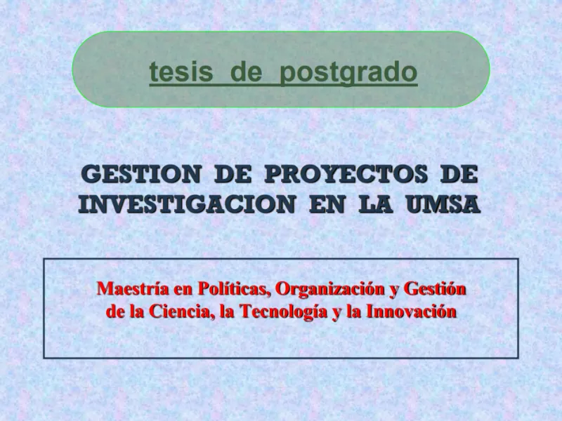 <p>Sustentación de la tesis de maestría con calificación&nbsp;<i>Summa cum laude</i> (100%). Abstención de preguntas del Tribunal que tuvo la presencia del Director de Postgrado de la Universidad Mayor de San Simón, del Ing. José Luis Tellería Geiger, Secretario de Investigación del CEUB y del Dr. Luis Arteaga Weill. Cochabamba, febrero.</p>