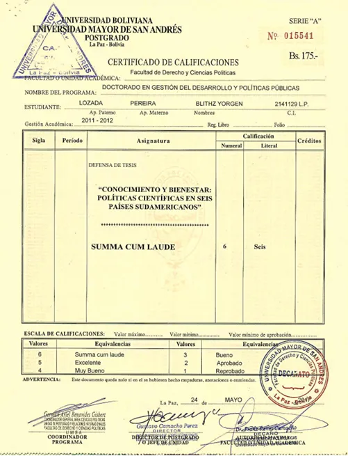 <p>Calificación:&nbsp;<i>Summa cum laude</i>: (100%). Tribunal formado por los doctores: Enrique Ipiña Melgar, Diego Ayo Saucedo, Marco Antonio Saavedra Mogro, Antonio Saavedra Muñoz y Mario Galindo Soza. 5 de mayo.</p>