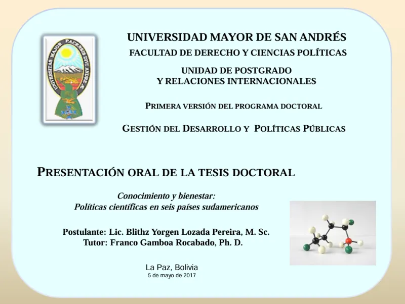 <p>Sustentación durante más de tres horas de la tesis doctoral con respaldo de 157 diapositivas diseñadas en&nbsp;<i>power point</i>. La Paz, 5 de mayo.</p>