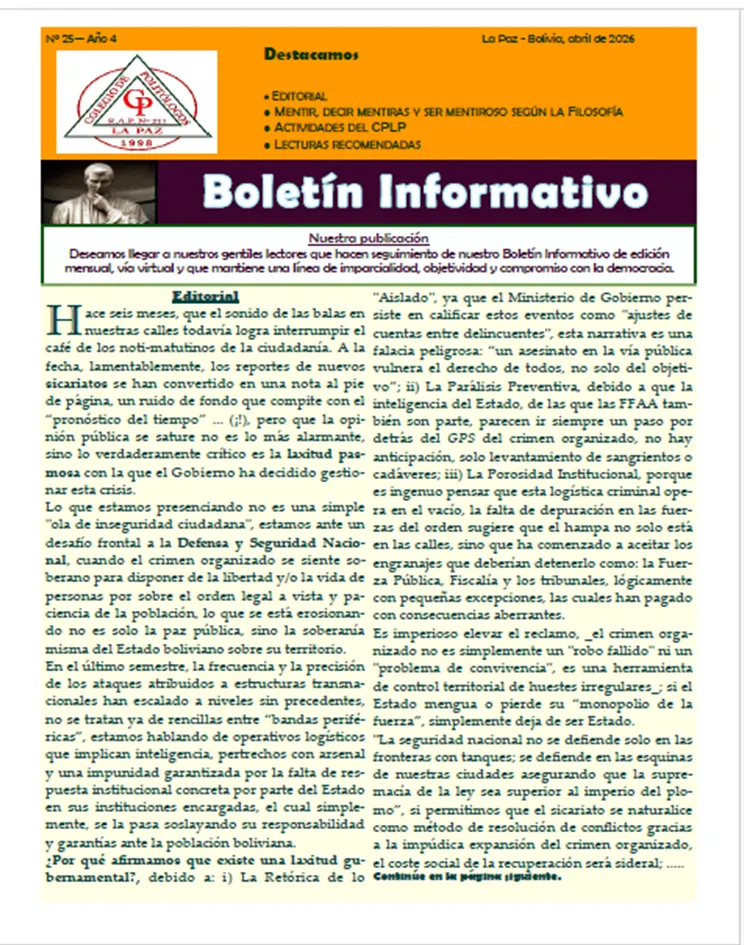 Portada de: "Mentir, decir mentiras y ser mentiroso según la Filosofía". En el N° 25, Año 4, del Boletín Informativo del Colegio de Politólogos de La Paz. La Paz, abril, pp. v-xii.